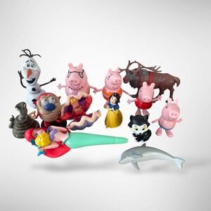 Disney Frozen Peppa Pig Little Mermaid Snow White Figure Toy Lot 13pc Olaf Ariel